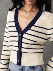 Custom Navy and White Striped Button-Down Cardigan | Wholesale & OEM Knitwear by Jubaodi
