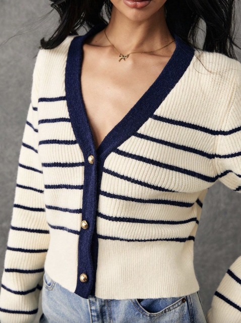 Custom Navy and White Striped Button-Down Cardigan | Wholesale & OEM Knitwear by Jubaodi