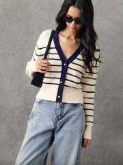 Custom Navy and White Striped Button-Down Cardigan | Wholesale & OEM Knitwear by Jubaodi
