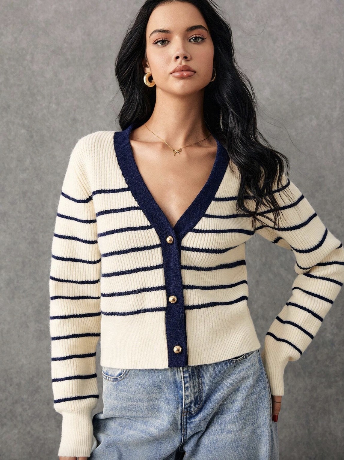 Custom Navy and White Striped Button-Down Cardigan | Wholesale & OEM Knitwear by Jubaodi