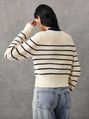 Custom Navy and White Striped Button-Down Cardigan | Wholesale & OEM Knitwear by Jubaodi