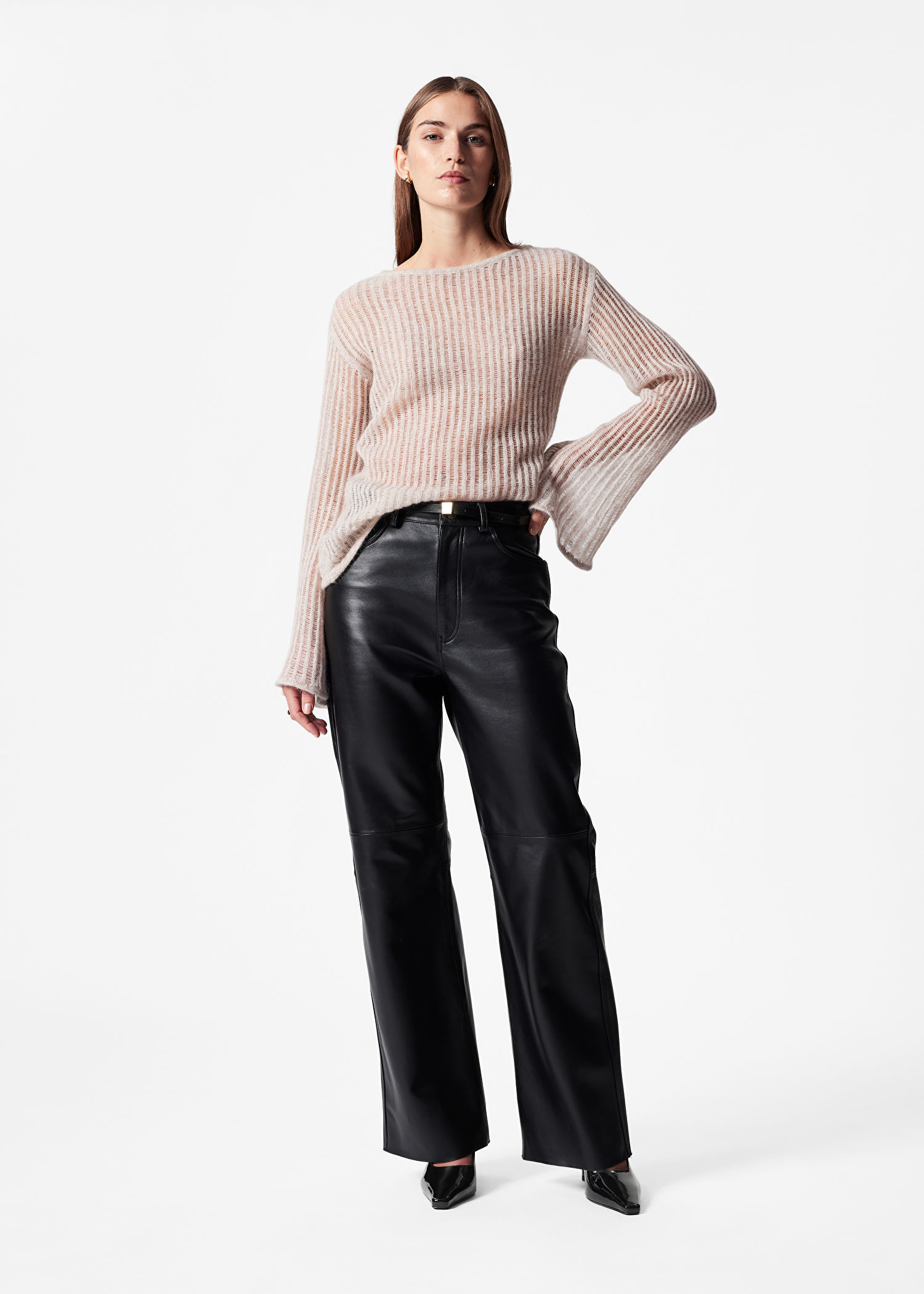 Factory Direct Light Pink Striped Bell Sleeve Sweater – Women's Boat Neck Knit Sweater | Customizable Wholesale, Bulk Manufacturing & Fashion Design Solutions