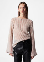 Factory Direct Light Pink Striped Bell Sleeve Sweater – Women's Boat Neck Knit Sweater | Customizable Wholesale, Bulk Manufacturing & Fashion Design Solutions