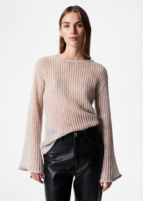 Factory Direct Light Pink Striped Bell Sleeve Sweater – Women's Boat Neck Knit Sweater | Customizable Wholesale, Bulk Manufacturing & Fashion Design Solutions
