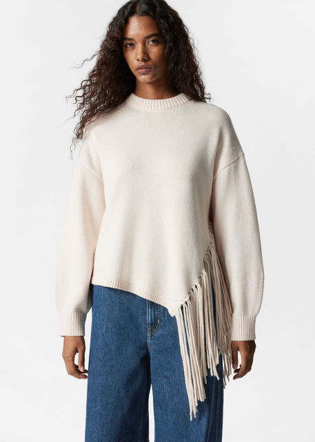 OEM ODM Cream Fringe Detail Sweater – Women's Long Sleeve Knit Sweater with Stylish Fringe Hem | Customizable Wholesale, Bulk Manufacturing & Fashion Design Solutions