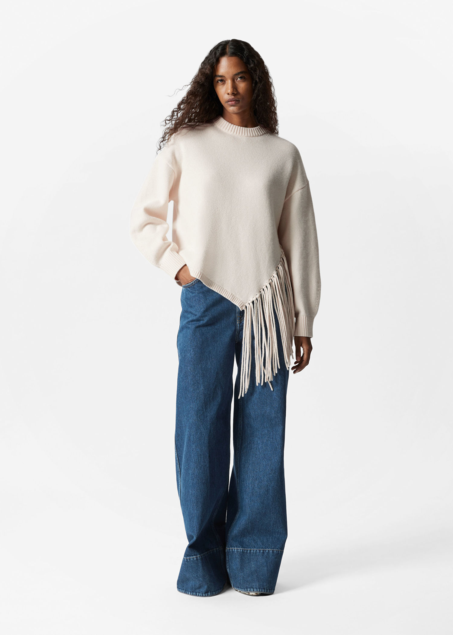OEM ODM Cream Fringe Detail Sweater – Women's Long Sleeve Knit Sweater with Stylish Fringe Hem | Customizable Wholesale, Bulk Manufacturing & Fashion Design Solutions