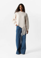 OEM ODM Cream Fringe Detail Sweater – Women's Long Sleeve Knit Sweater with Stylish Fringe Hem | Customizable Wholesale, Bulk Manufacturing & Fashion Design Solutions