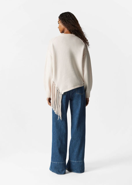 OEM ODM Cream Fringe Detail Sweater – Women's Long Sleeve Knit Sweater with Stylish Fringe Hem | Customizable Wholesale, Bulk Manufacturing & Fashion Design Solutions