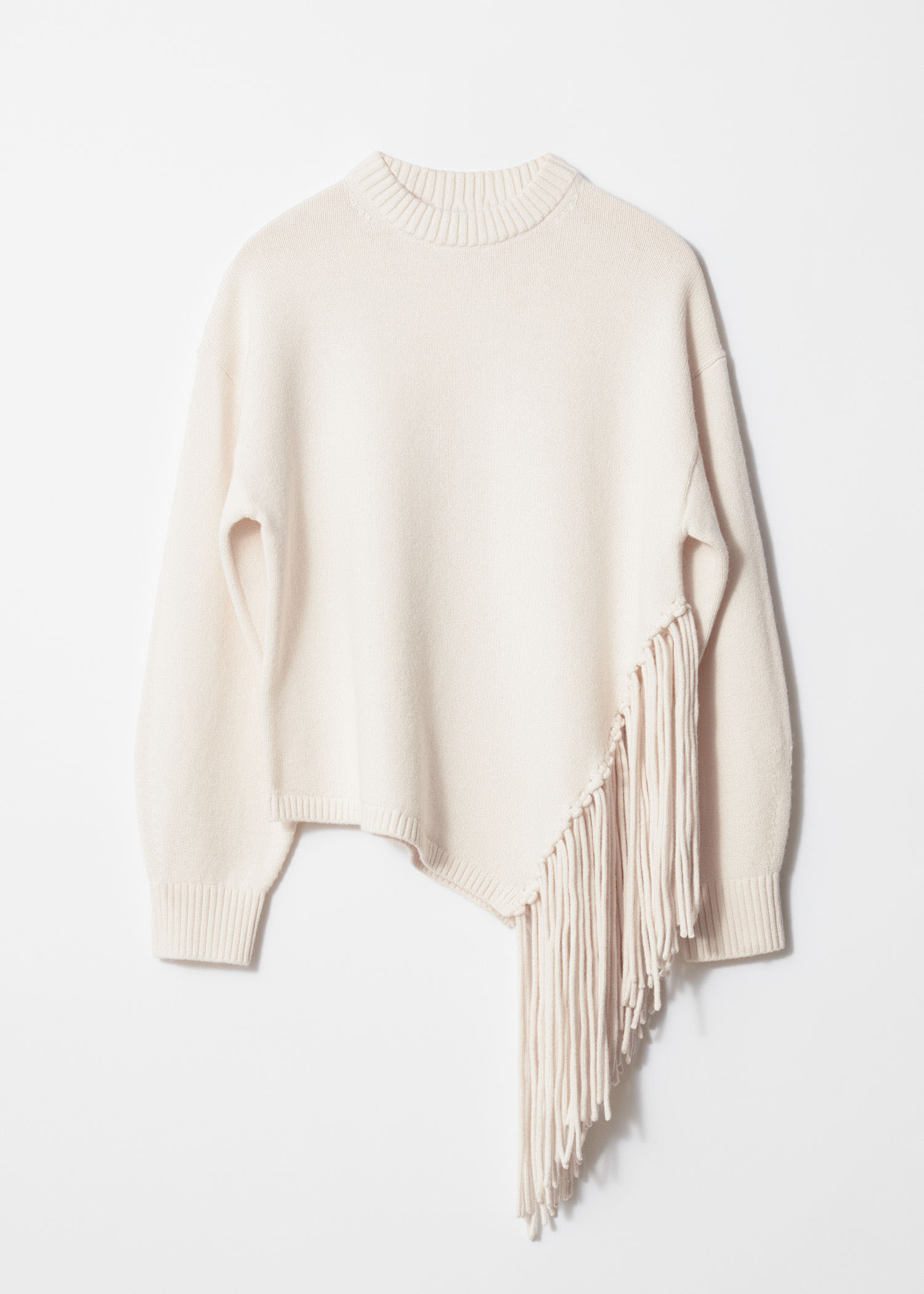OEM ODM Cream Fringe Detail Sweater – Women's Long Sleeve Knit Sweater with Stylish Fringe Hem | Customizable Wholesale, Bulk Manufacturing & Fashion Design Solutions