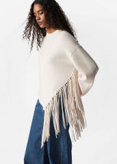 OEM ODM Cream Fringe Detail Sweater – Women's Long Sleeve Knit Sweater with Stylish Fringe Hem | Customizable Wholesale, Bulk Manufacturing & Fashion Design Solutions