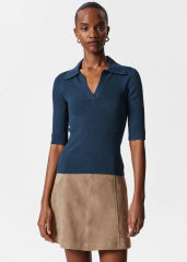 Customized Collared Ribbed Knit Half-Sleeve Top – Women's Fitted Polo Sweater | Customizable Wholesale, Bulk Manufacturing & Fashion Design Solutions