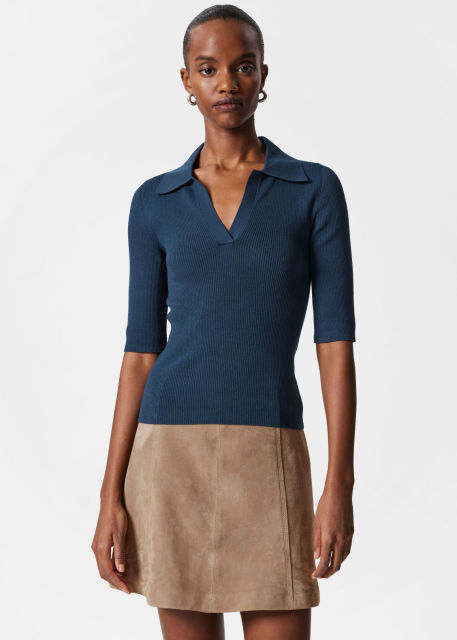 Customized Collared Ribbed Knit Half-Sleeve Top – Women's Fitted Polo Sweater | Customizable Wholesale, Bulk Manufacturing & Fashion Design Solutions