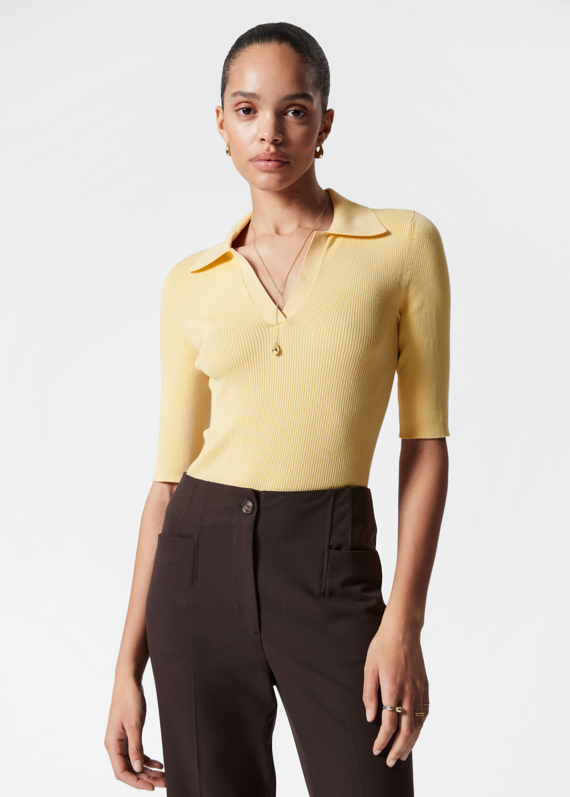 Customized Collared Ribbed Knit Half-Sleeve Top – Women's Fitted Polo Sweater | Customizable Wholesale, Bulk Manufacturing & Fashion Design Solutions