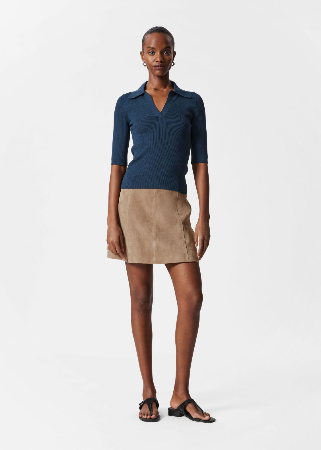 Customized Collared Ribbed Knit Half-Sleeve Top – Women's Fitted Polo Sweater | Customizable Wholesale, Bulk Manufacturing & Fashion Design Solutions