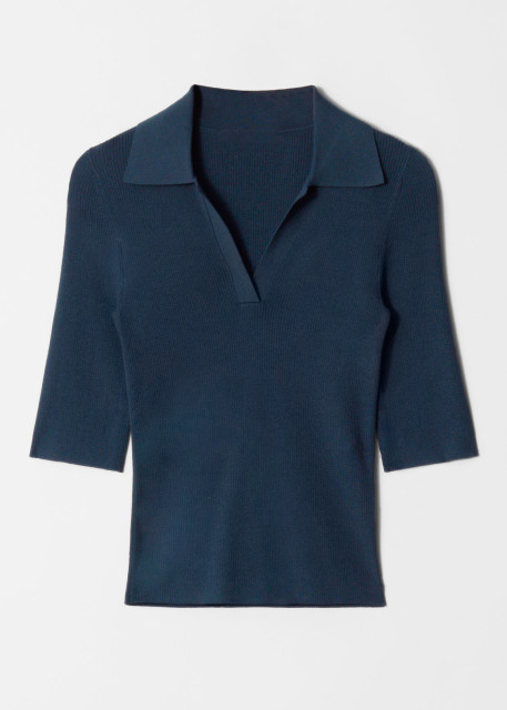 Customized Collared Ribbed Knit Half-Sleeve Top – Women's Fitted Polo Sweater | Customizable Wholesale, Bulk Manufacturing & Fashion Design Solutions