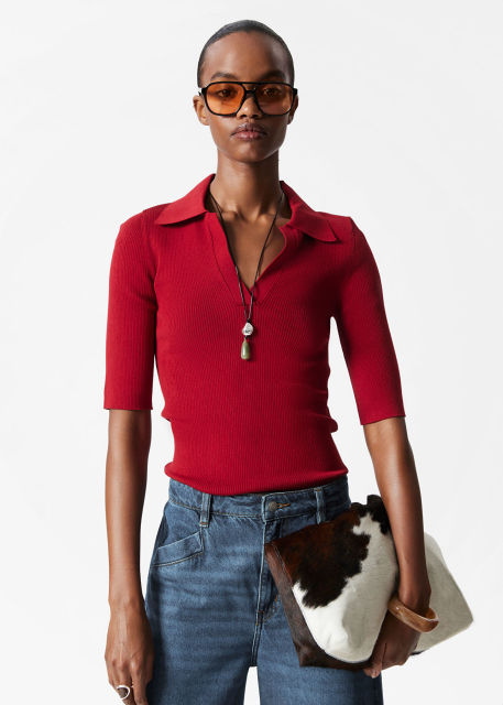 Customized Collared Ribbed Knit Half-Sleeve Top – Women's Fitted Polo Sweater | Customizable Wholesale, Bulk Manufacturing & Fashion Design Solutions