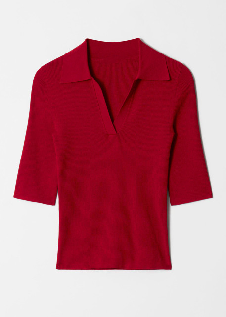 Customized Collared Ribbed Knit Half-Sleeve Top – Women's Fitted Polo Sweater | Customizable Wholesale, Bulk Manufacturing & Fashion Design Solutions
