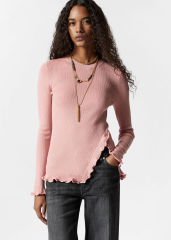 Wholesale Ruffled Ribbed Knit Sweater – Women's Long Sleeve Fitted Pullover | Customizable Bulk Manufacturing & Fashion Design Solutions