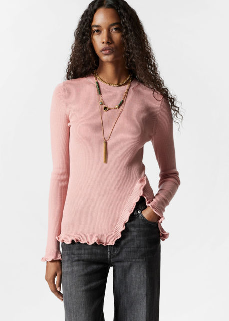 Wholesale Ruffled Ribbed Knit Sweater – Women's Long Sleeve Fitted Pullover | Customizable Bulk Manufacturing & Fashion Design Solutions