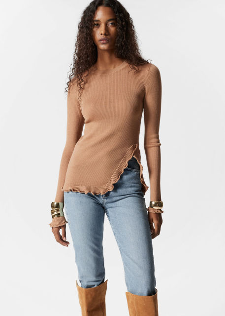 Wholesale Ruffled Ribbed Knit Sweater – Women's Long Sleeve Fitted Pullover | Customizable Bulk Manufacturing & Fashion Design Solutions
