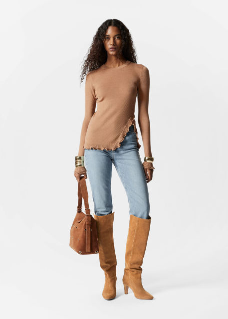 Wholesale Ruffled Ribbed Knit Sweater – Women's Long Sleeve Fitted Pullover | Customizable Bulk Manufacturing & Fashion Design Solutions