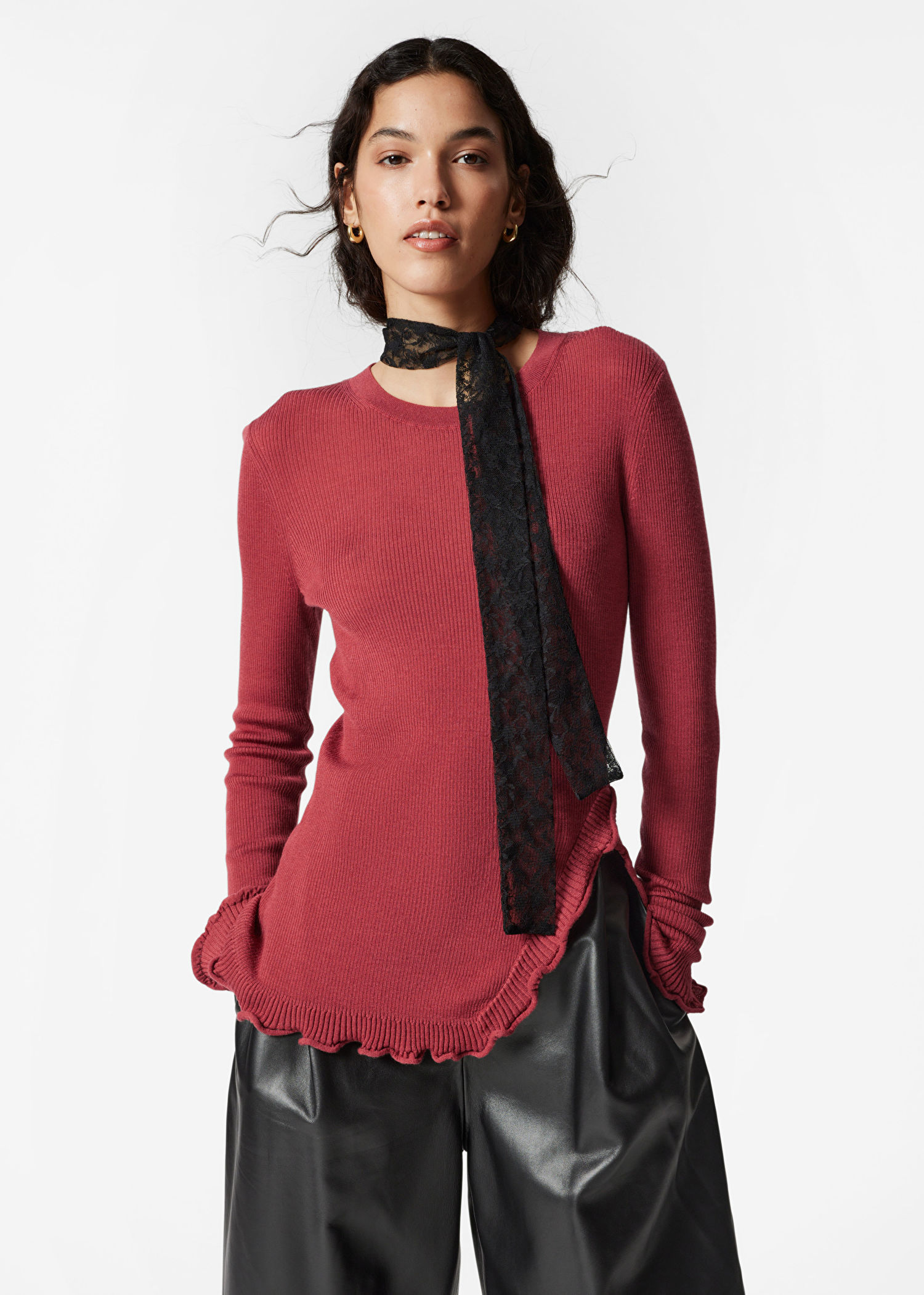 Wholesale Ruffled Ribbed Knit Sweater – Women's Long Sleeve Fitted Pullover | Customizable Bulk Manufacturing & Fashion Design Solutions