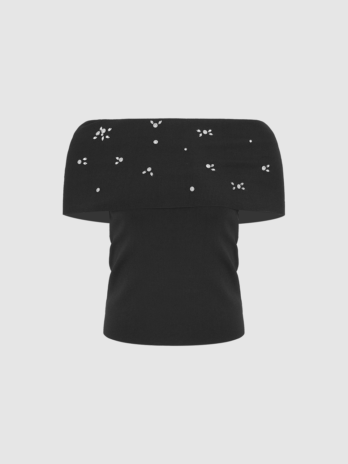 ODM Black Off-Shoulder Knit Top with Crystal Detailing – Customizable Wholesale, Bulk Manufacturing & Fashion Design Solutions