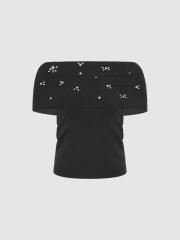 ODM Black Off-Shoulder Knit Top with Crystal Detailing – Customizable Wholesale, Bulk Manufacturing & Fashion Design Solutions