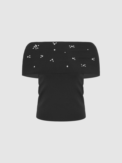 ODM Black Off-Shoulder Knit Top with Crystal Detailing – Customizable Wholesale, Bulk Manufacturing & Fashion Design Solutions