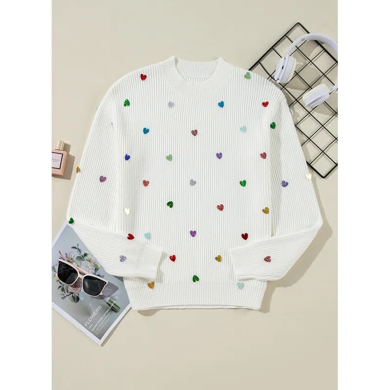 OEM White Heart Sequin Sweater – Customizable Wholesale, Bulk Manufacturing & Fashion Design Solutions