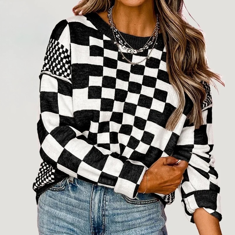 OEM Black and White Checkerboard Sweater – Customizable Wholesale, Bulk Manufacturing & Fashion Design Solutions