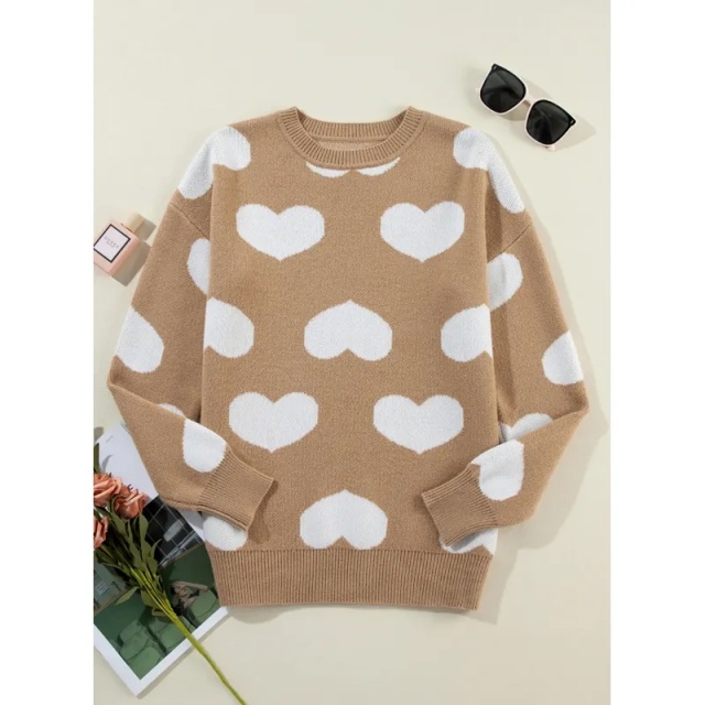 OEM Beige Heart Print Sweater – Customizable Wholesale, Bulk Manufacturing & Fashion Design Solutions