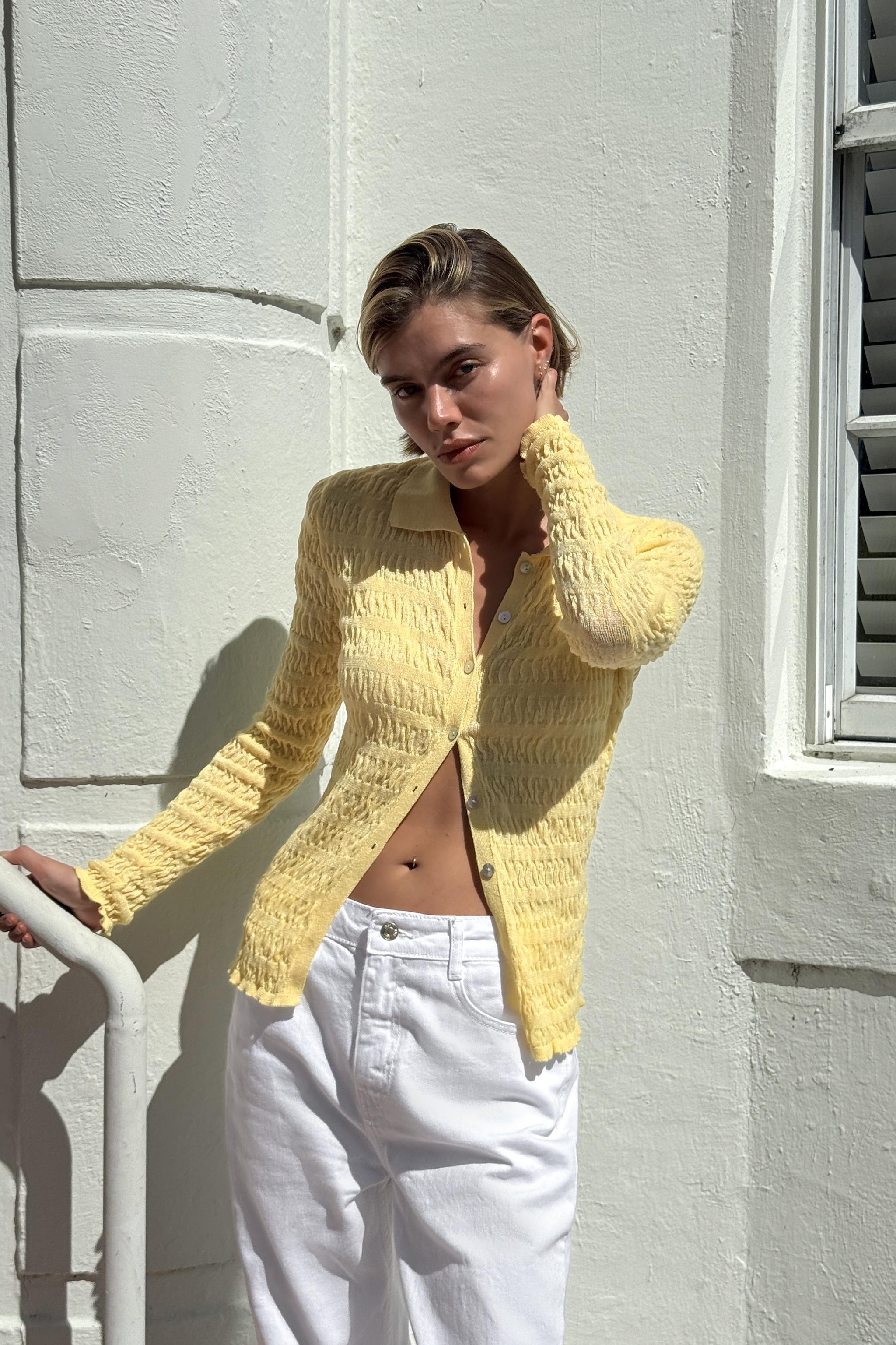 OEM Custom Yellow Button-Down Ribbed Knit Top – Wholesale, Bulk Manufacturing & Custom Design