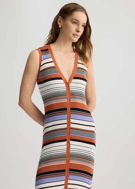 OEM Women's Striped Knit Maxi Dress – Sleeveless Button-Down V-Neck Dress for Wholesale & Custom Manufacturing