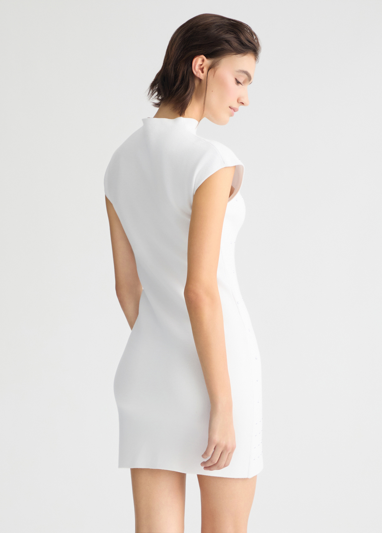 ODM Women’s White Studded Mini Dress – High-Neck Bodycon Dress for Wholesale & Custom Manufacturing