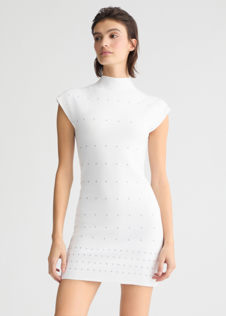 ODM Women’s White Studded Mini Dress – High-Neck Bodycon Dress for Wholesale & Custom Manufacturing