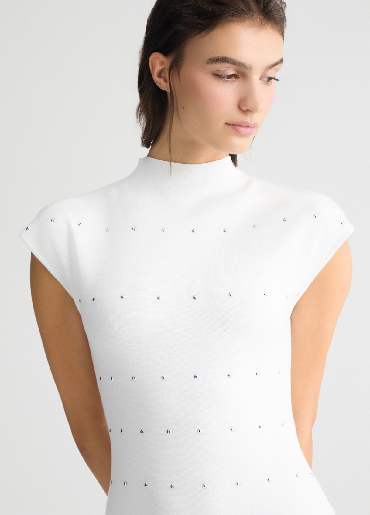 ODM Women’s White Studded Mini Dress – High-Neck Bodycon Dress for Wholesale & Custom Manufacturing