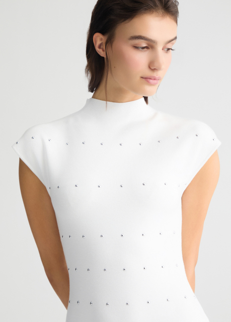 ODM Women’s White Studded Mini Dress – High-Neck Bodycon Dress for Wholesale & Custom Manufacturing