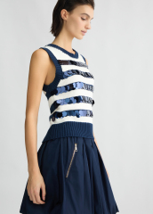 ODM Women’s Navy Pleated Skirt with Sequin Striped Knit Top – Sleeveless Dress for Wholesale & Custom Manufacturing