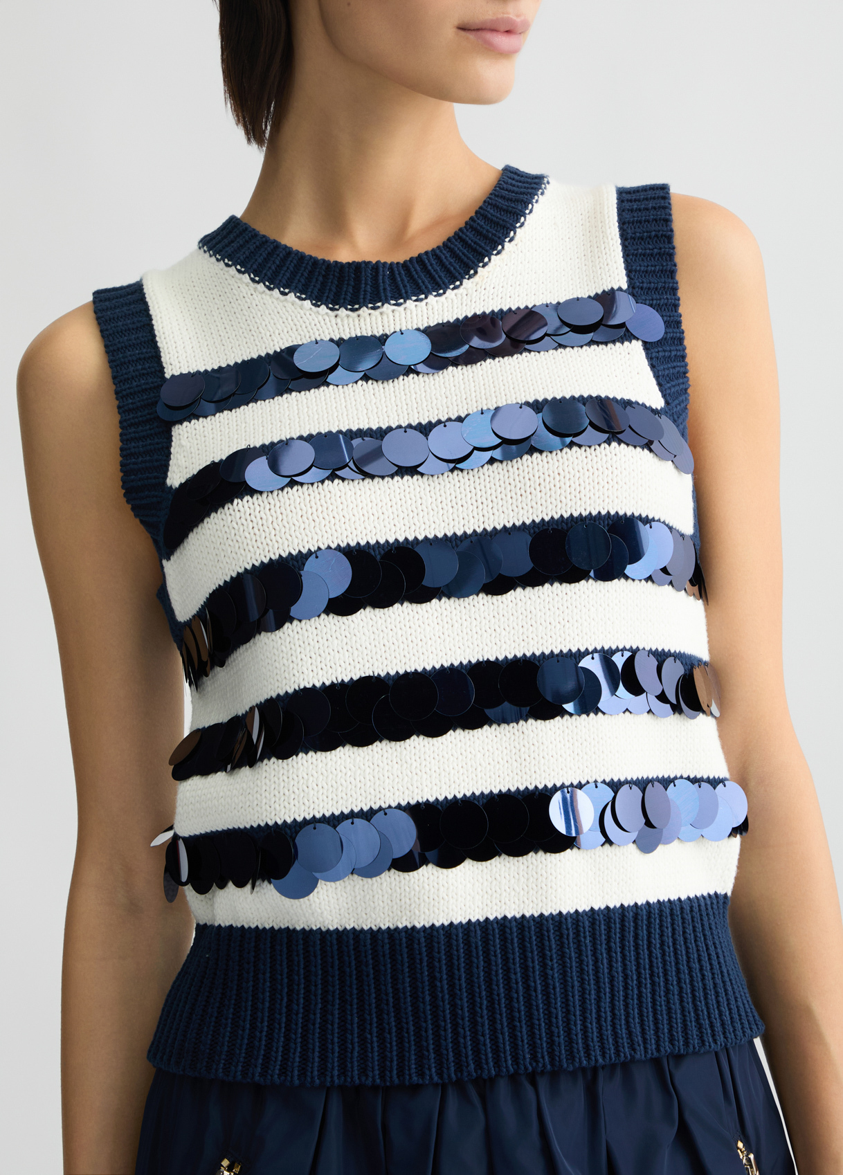 ODM Women’s Navy Pleated Skirt with Sequin Striped Knit Top – Sleeveless Dress for Wholesale & Custom Manufacturing
