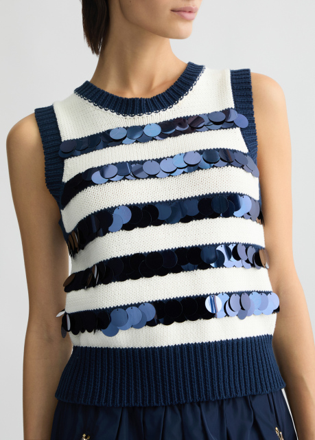 ODM Women’s Navy Pleated Skirt with Sequin Striped Knit Top – Sleeveless Dress for Wholesale & Custom Manufacturing
