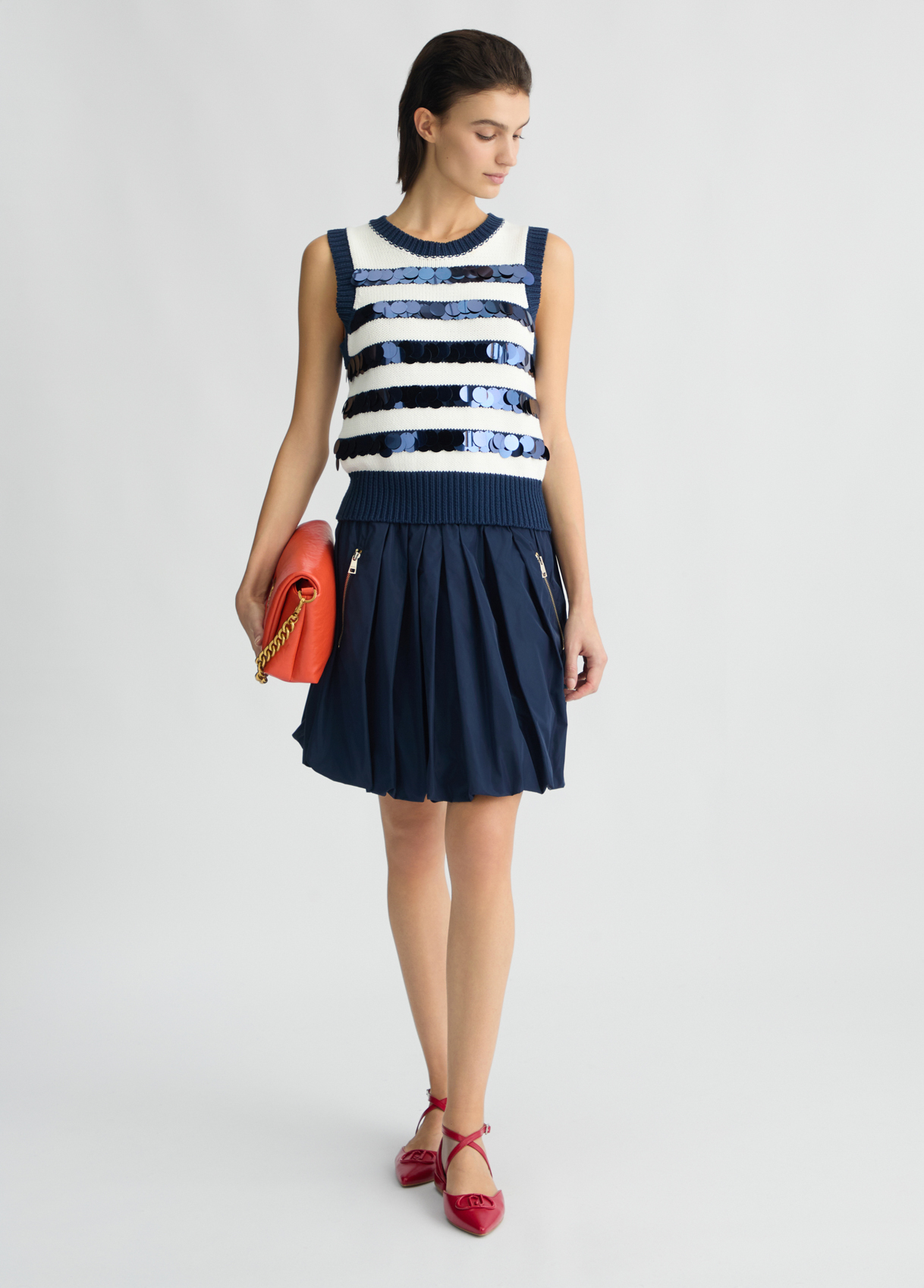 ODM Women’s Navy Pleated Skirt with Sequin Striped Knit Top – Sleeveless Dress for Wholesale & Custom Manufacturing
