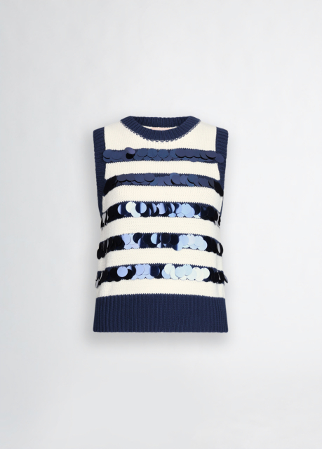 ODM Women’s Navy Pleated Skirt with Sequin Striped Knit Top – Sleeveless Dress for Wholesale & Custom Manufacturing