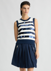 ODM Women’s Navy Pleated Skirt with Sequin Striped Knit Top – Sleeveless Dress for Wholesale & Custom Manufacturing