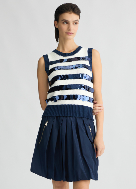 ODM Women’s Navy Pleated Skirt with Sequin Striped Knit Top – Sleeveless Dress for Wholesale & Custom Manufacturing