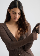 OEM Women's Ribbed Button-Down Brown Cardigan – Chic V-Neck Long Sleeve Cardigan for Wholesale & Custom Manufacturing