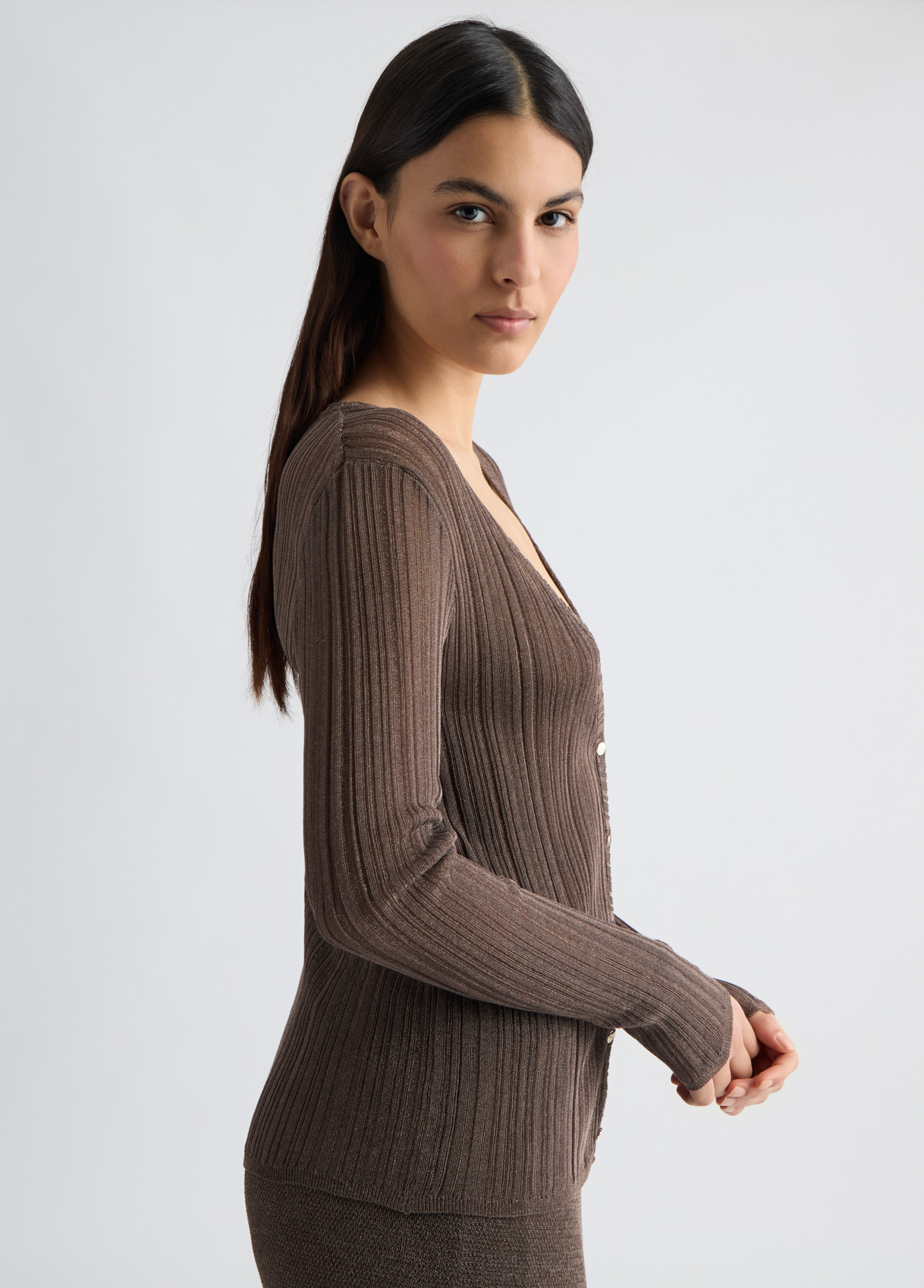 OEM Women's Ribbed Button-Down Brown Cardigan – Chic V-Neck Long Sleeve Cardigan for Wholesale & Custom Manufacturing
