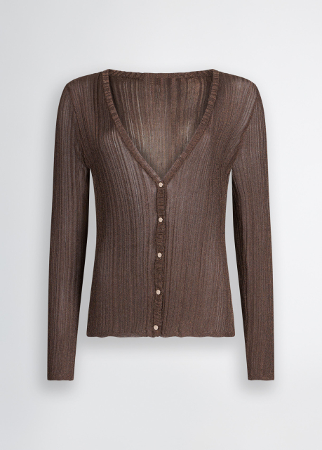 OEM Women's Ribbed Button-Down Brown Cardigan – Chic V-Neck Long Sleeve Cardigan for Wholesale & Custom Manufacturing