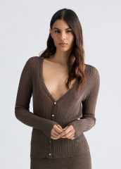 OEM Women's Ribbed Button-Down Brown Cardigan – Chic V-Neck Long Sleeve Cardigan for Wholesale & Custom Manufacturing