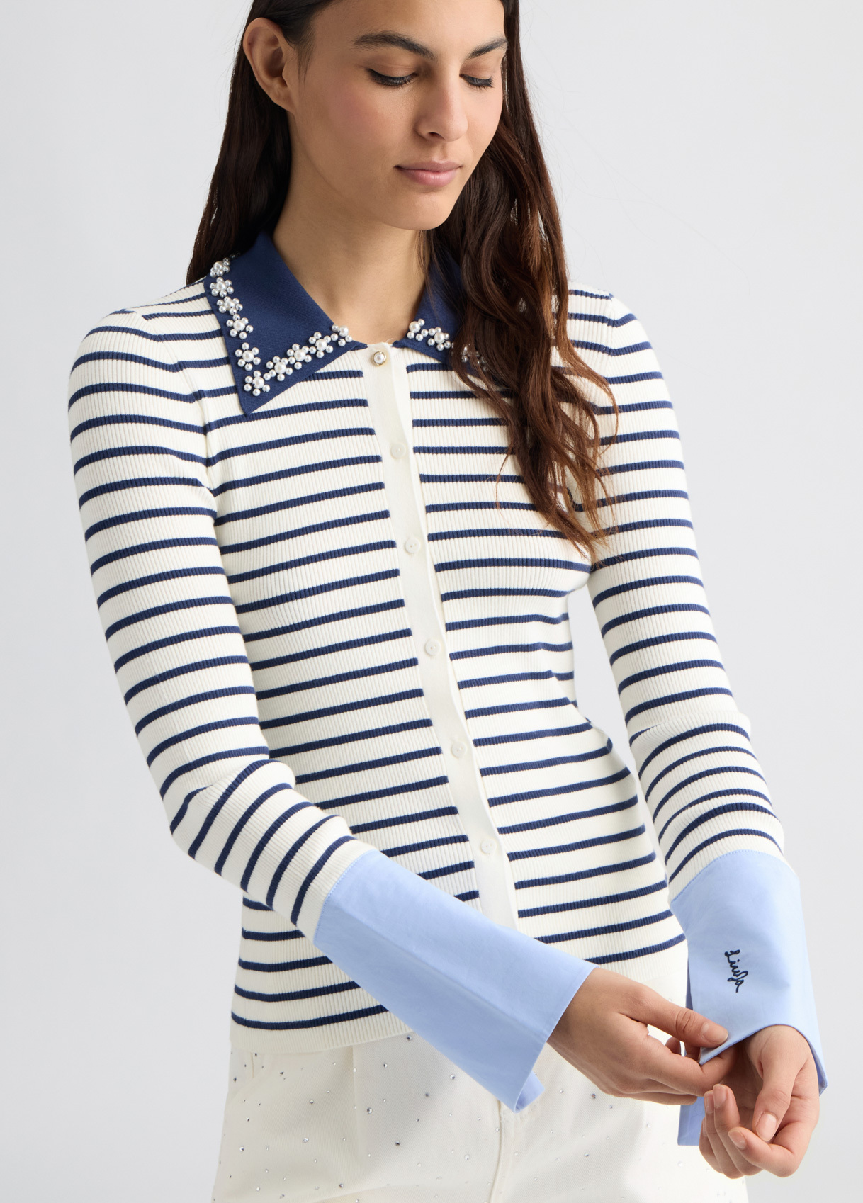 OEM Women’s Striped Button-Down Cardigan with Floral Collar – Elegant Long Sleeve Cardigan for Wholesale & Custom Manufacturing